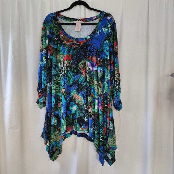 Philosophy Tunic Top Green Aqua Colorful Floral Butterfly Boho plus size XXL art - Picture 4 of 9
